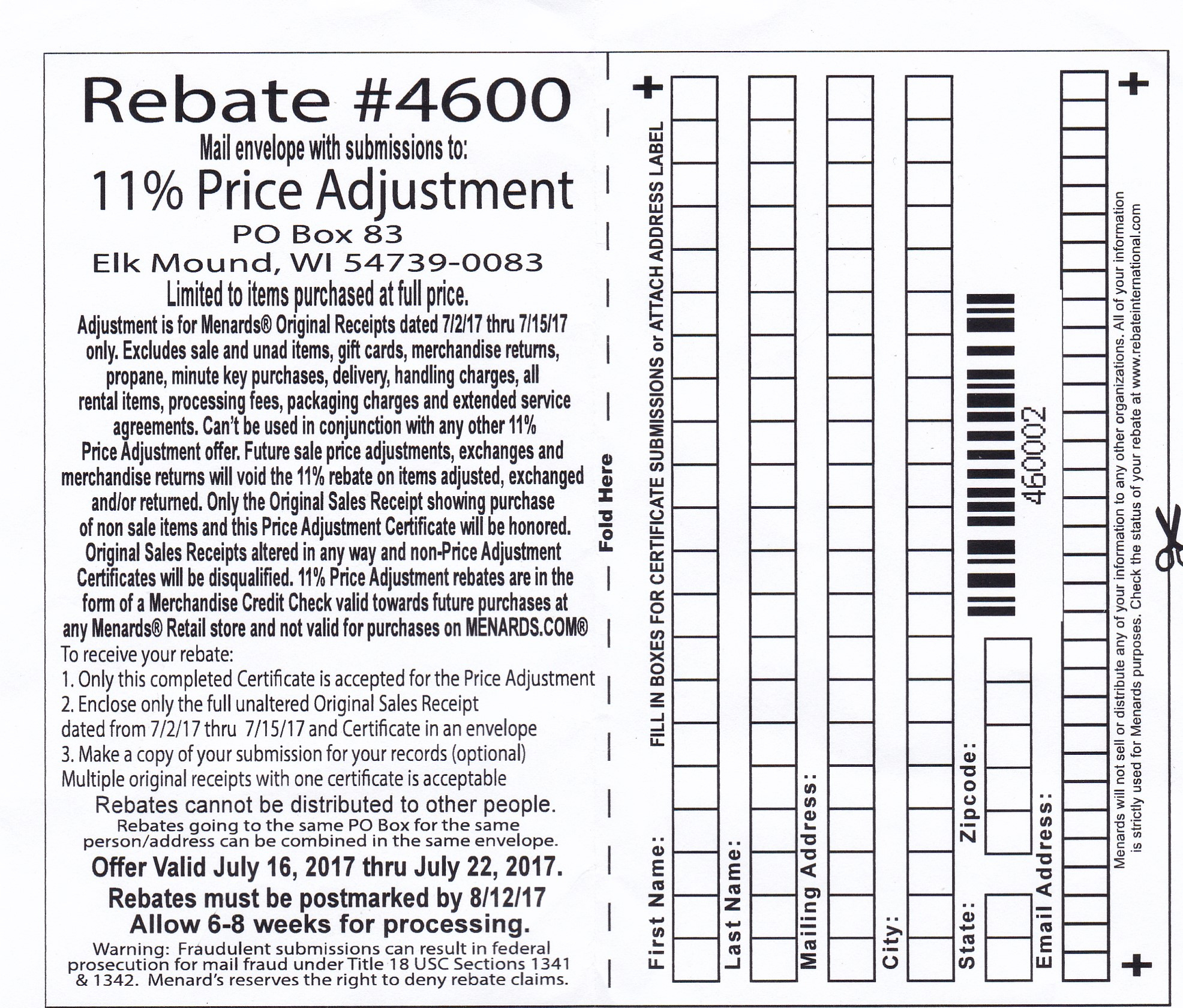 Menards Price Adjustment 11 Rebate
