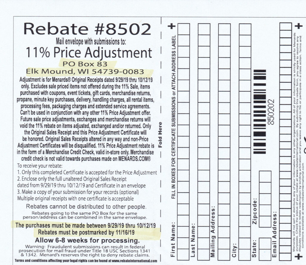 Current Menards 11 Rebate